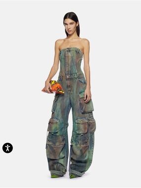 The Attico Women’s Strapless Cargo denim jumpsuit in Multicolor Wash